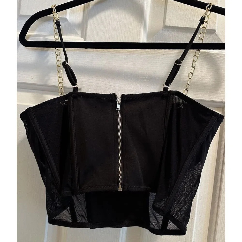 Say What Black Sheer Bustier  Corset Top‎ W/chain Straps Womens Medium